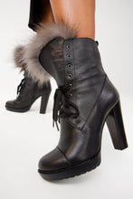 Load image into Gallery viewer, The Melo Black Leather Natural Fur Mid Calf Platform Heel Women Boot