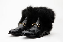 Load image into Gallery viewer, The Izmir Black Patent Leather Natural Fur Mid Calf Women  Boot