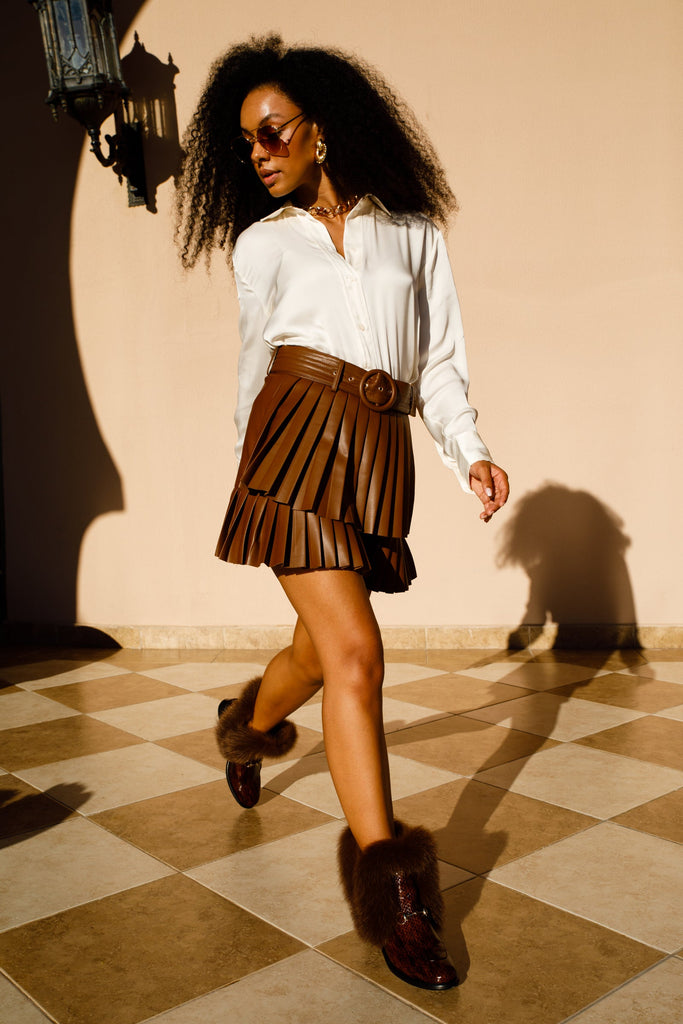 The Izmir Brown Patent Leather Natural Fur Mid Calf Women Boot