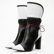 Load image into Gallery viewer, The Lucca Black &amp; White Leather Mid Calf High Heel Women Boot Limited Edition