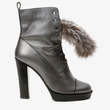 Load image into Gallery viewer, The Melo Gray Leather Natural Fur Mid Calf Platform Heel Women Boot