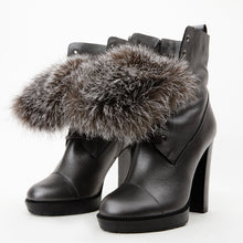 Load image into Gallery viewer, The Melo Gray Leather Natural Fur Mid Calf Platform Heel Women Boot