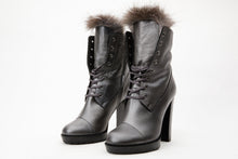 Load image into Gallery viewer, The Melo Gray Leather Natural Fur Mid Calf Platform Heel Women Boot