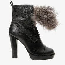 Load image into Gallery viewer, The Melo Black Leather Natural Fur Mid Calf Platform Heel Women Boot