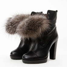 Load image into Gallery viewer, The Melo Black Leather Natural Fur Mid Calf Platform Heel Women Boot
