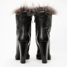 Load image into Gallery viewer, The Melo Black Leather Natural Fur Mid Calf Platform Heel Women Boot