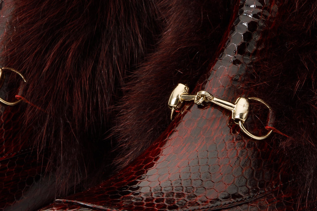 The Izmir Burgundy Patent Leather Natural Fur Mid Calf Women Boot