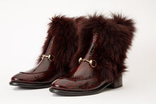 Load image into Gallery viewer, The Izmir Burgundy Patent Leather Natural Fur Mid Calf Women Boot