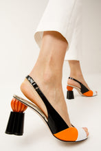 Load image into Gallery viewer, The Rize Black &amp; Orange Pumpkin Heel Leather Women Sandal