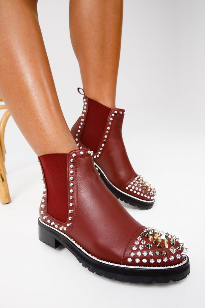 The Vuvulane Burgundy Spike Leather Ankle Women  Boot