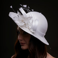 Load image into Gallery viewer, White Bridal Hat with Flower and Ribbon