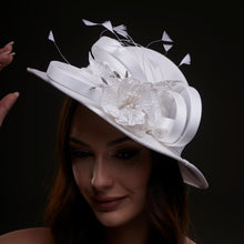 Load image into Gallery viewer, White Bridal Hat with Flower and Ribbon