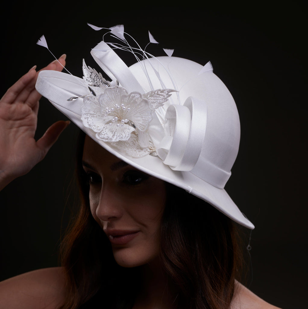 White Bridal Hat with Flower and Ribbon
