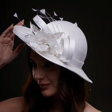 Load image into Gallery viewer, White Bridal Hat with Flower and Ribbon