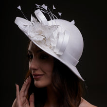 Load image into Gallery viewer, White Bridal Hat with Flower and Ribbon