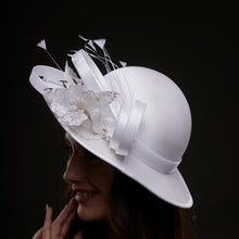 Load image into Gallery viewer, White Bridal Hat with Flower and Ribbon