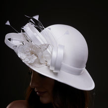 Load image into Gallery viewer, White Bridal Hat with Flower and Ribbon