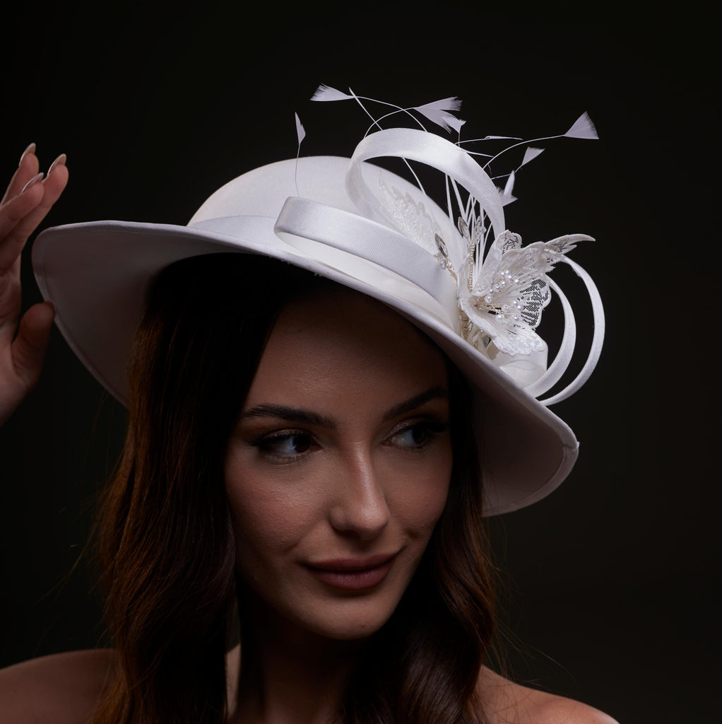 White Bridal Hat with Flower and Ribbon