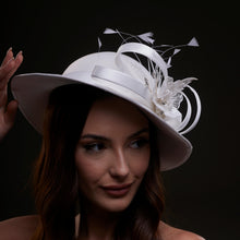 Load image into Gallery viewer, White Bridal Hat with Flower and Ribbon