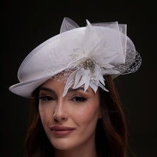 Load image into Gallery viewer, White Bridal Hat with Sculpted Flower