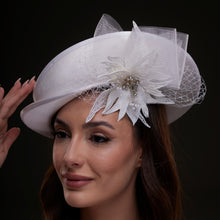 Load image into Gallery viewer, White Bridal Hat with Sculpted Flower