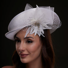 Load image into Gallery viewer, White Bridal Hat with Sculpted Flower
