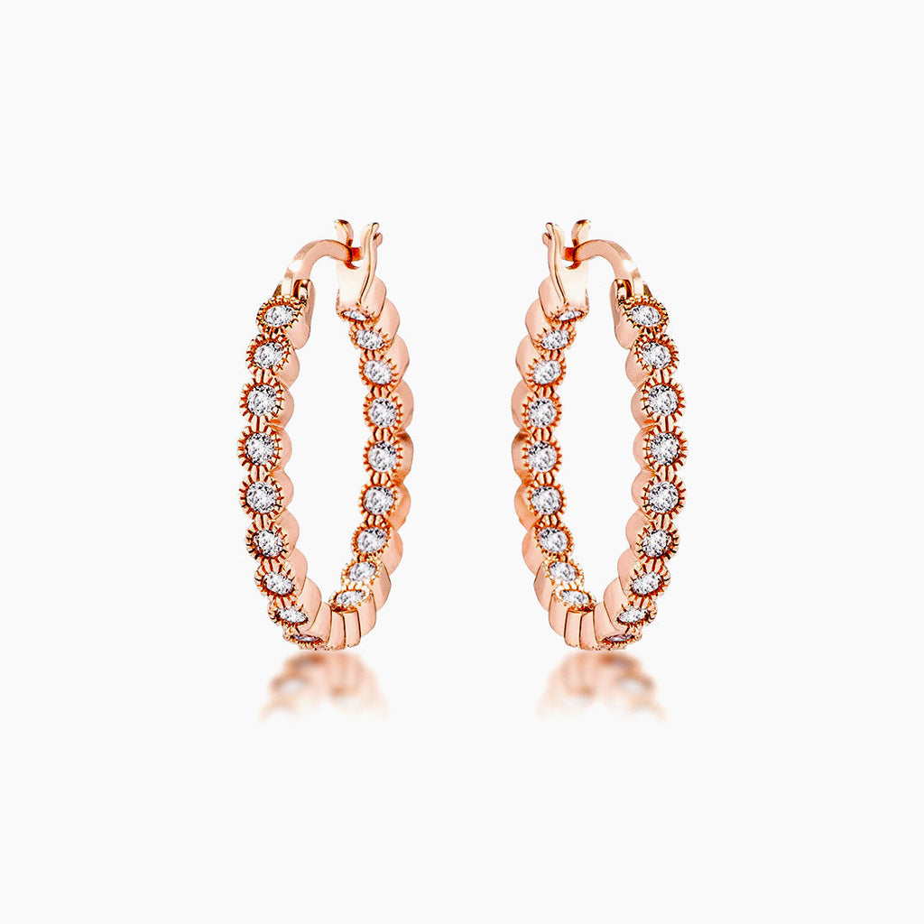 Rose Gold Plated Dotted Clear CZ Round Bezel Hoop Earrings