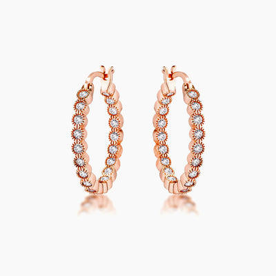 Rose Gold Plated Dotted Clear CZ Round Bezel Hoop Earrings