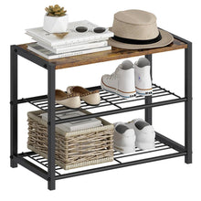 Load image into Gallery viewer, 2-Shelf Entryway Shoe Rack Bench with Black Metal Frame and Brown Wood Top