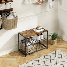Load image into Gallery viewer, 2-Shelf Entryway Shoe Rack Bench with Black Metal Frame and Brown Wood Top