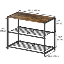Load image into Gallery viewer, 2-Shelf Entryway Shoe Rack Bench with Black Metal Frame and Brown Wood Top