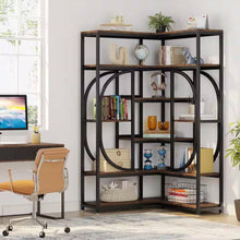 Load image into Gallery viewer, 67-inch Tall Modern Industrial Metal Wood Corner Bookcase