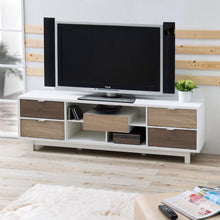 Load image into Gallery viewer, Modern 70-inch White TV Stand Entertainment Center with Natural Wood Accents