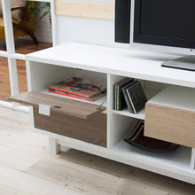 Load image into Gallery viewer, Modern 70-inch White TV Stand Entertainment Center with Natural Wood Accents
