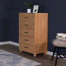 Load image into Gallery viewer, Modern Farmhouse Solid Wood 5 Drawer Bedroom Chest in Light Brown Finish