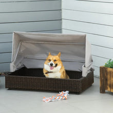 Load image into Gallery viewer, Espresso Wicker Foldable Canopy Raised Dog Bed House with 2 in Thick Cushion