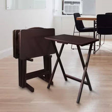 Load image into Gallery viewer, Set of 4 - Folding TV Tray Table Set with Stand in Dark Brown Wood Finish