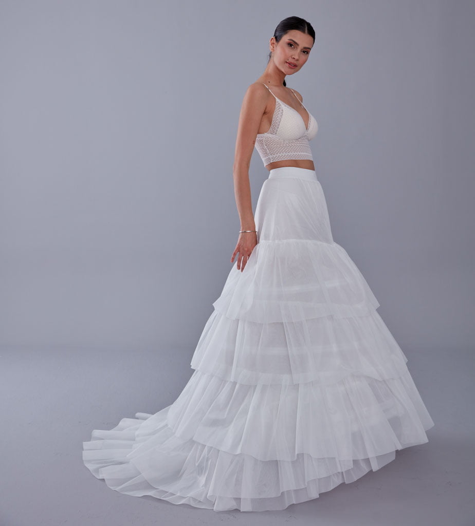 A line petticoat with train, Tiered Tulle Underskirt for Bridal Dress, Chapel Train Slip, White Crinoline 4 Hoop