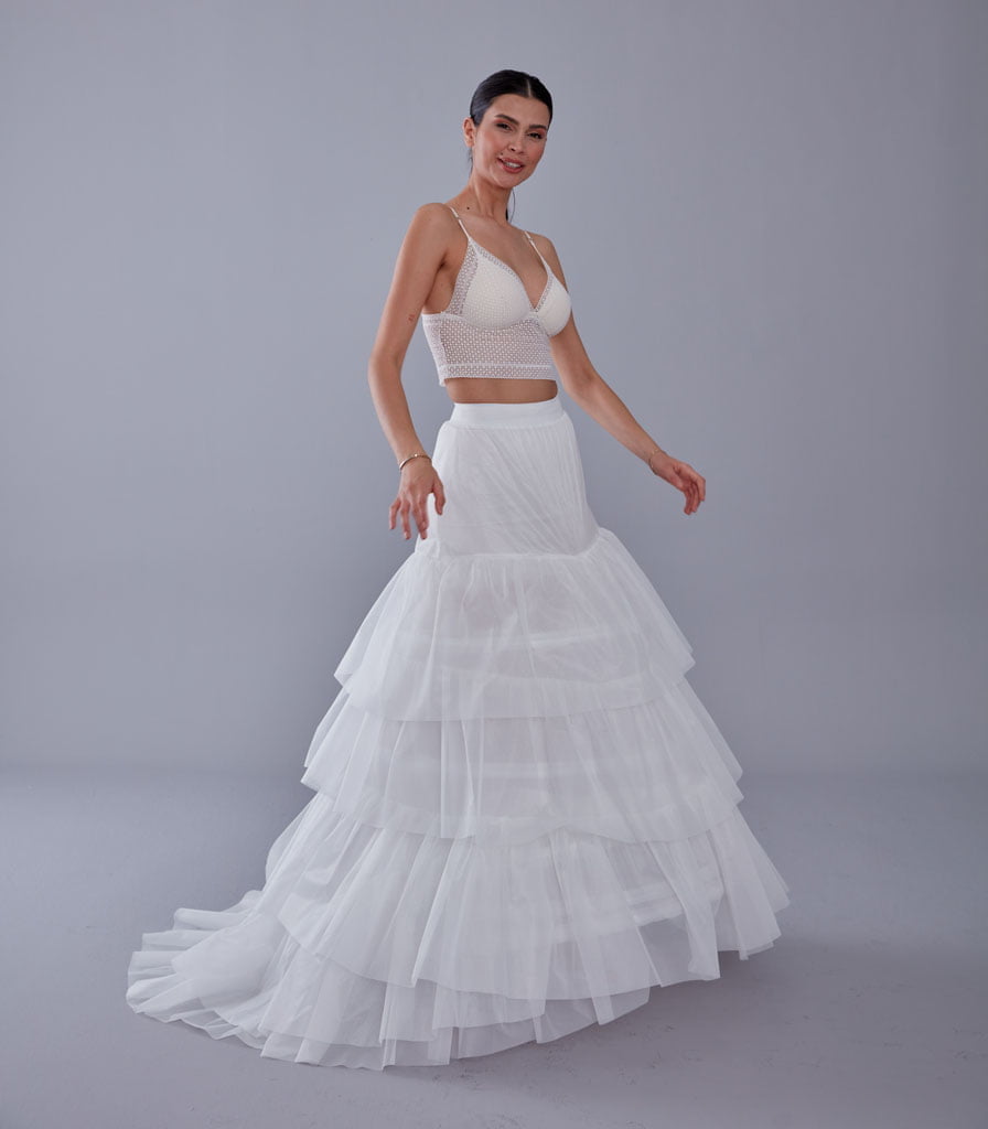 A line petticoat with train, Tiered Tulle Underskirt for Bridal Dress, Chapel Train Slip, White Crinoline 4 Hoop