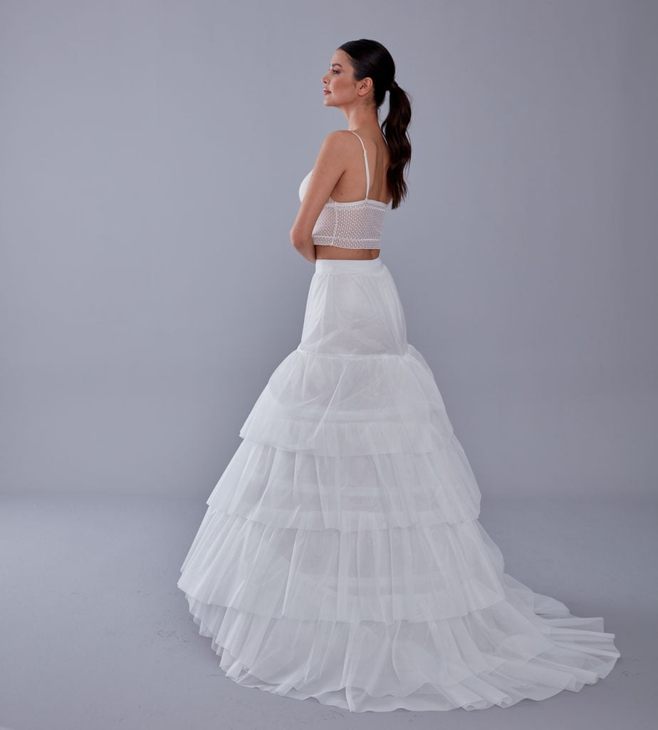 A line petticoat with train, Tiered Tulle Underskirt for Bridal Dress, Chapel Train Slip, White Crinoline 4 Hoop