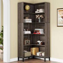 Load image into Gallery viewer, 71-inch High Corner Bookcase Bookshelf in Dark Gray Wood Finish