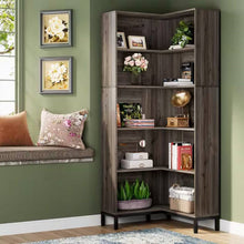 Load image into Gallery viewer, 71-inch High Corner Bookcase Bookshelf in Dark Gray Wood Finish