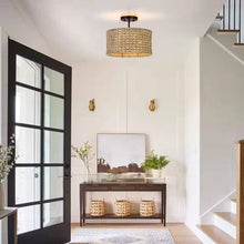 Load image into Gallery viewer, Bohemian 13.6-inch Round Rattan Drum 2-Light Ceiling Light - Semi-Flush Mount