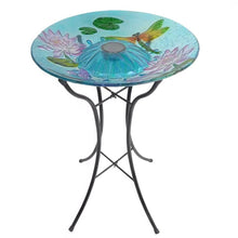 Load image into Gallery viewer, Outdoor Glass Bowl Bird Bath with Black Metal Stand and Solar Powered Light