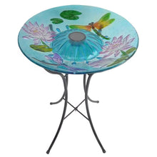 Load image into Gallery viewer, Outdoor Glass Bowl Bird Bath with Black Metal Stand and Solar Powered Light
