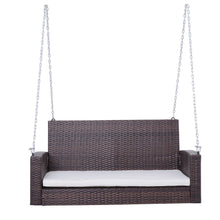 Load image into Gallery viewer, Espresso Wicker Porch Swing 7ft Hanging Chain with Cream Padded Cushion