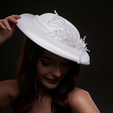 Load image into Gallery viewer, Elegant White Bridal Hat with Beaded Flower Detail