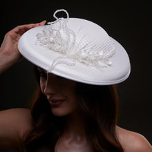 Load image into Gallery viewer, Elegant White Bridal Hat with Beaded Flower Detail