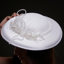 Load image into Gallery viewer, Elegant White Bridal Hat with Beaded Flower Detail