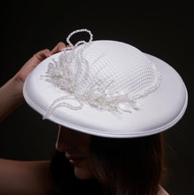 Load image into Gallery viewer, Elegant White Bridal Hat with Beaded Flower Detail